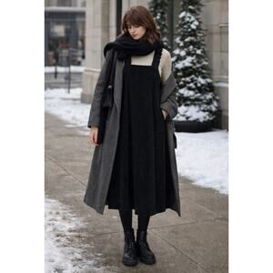 Oblanc Womens Size Large Corduroy Shift Midi Dress Black Ruched Sleeveless